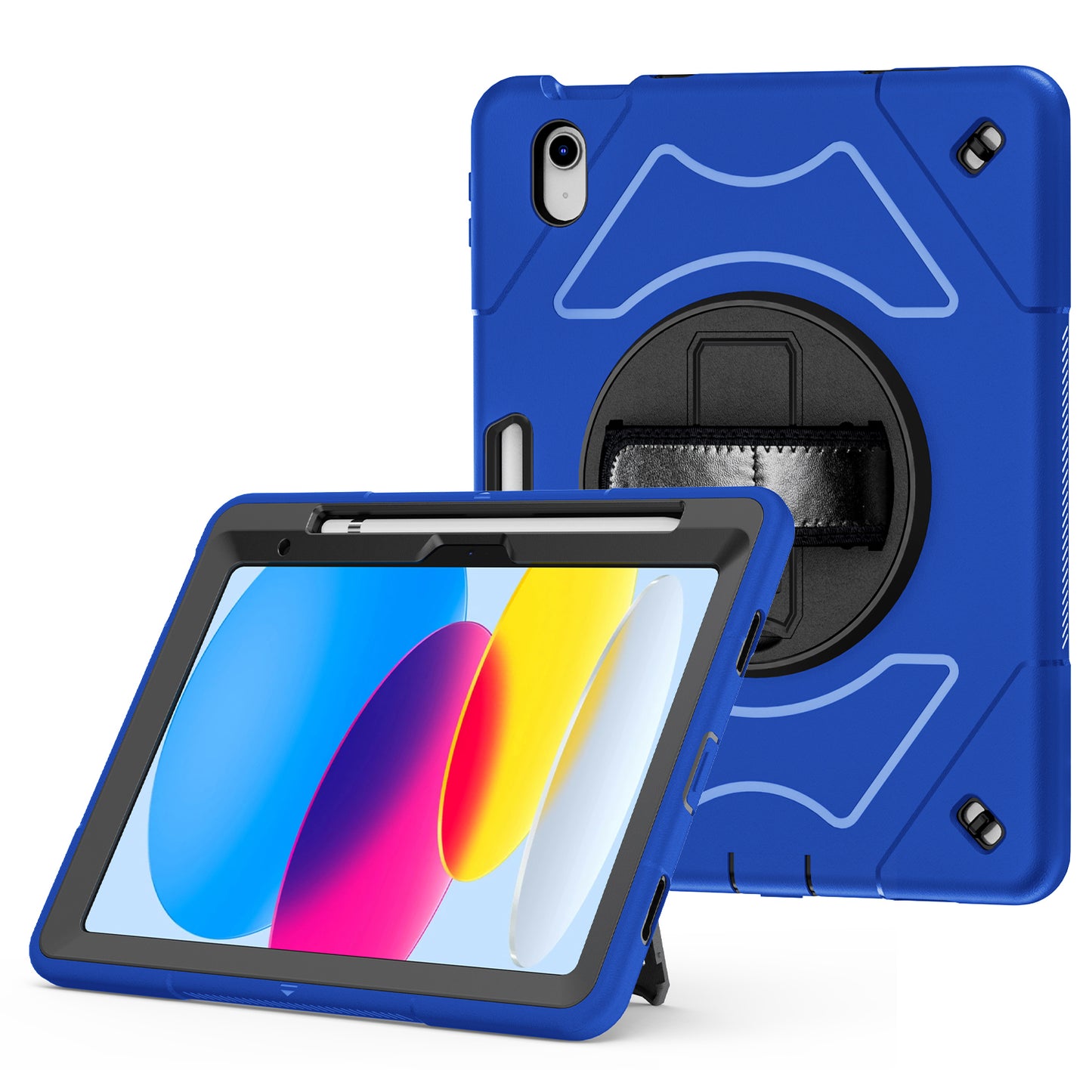 For iPad 10.9 (2022) Shockproof Kickstand Case PC+TPU Hand Strap Grip Tablet Cover with Pencil Holder