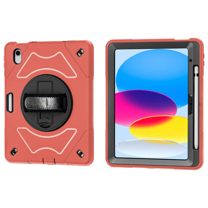 For iPad 10.9 (2022) Shockproof Kickstand Case PC+TPU Hand Strap Grip Tablet Cover with Pencil Holder