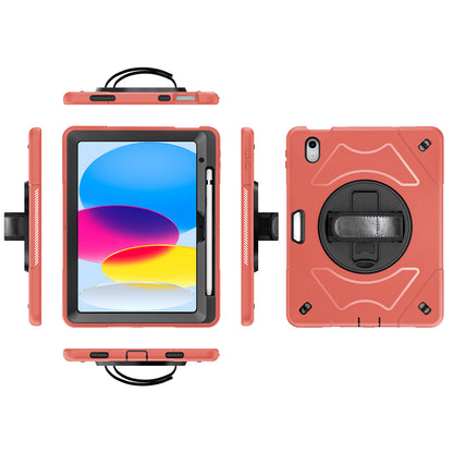 For iPad 10.9 (2022) Shockproof Kickstand Case PC+TPU Hand Strap Grip Tablet Cover with Pencil Holder