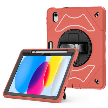 For iPad 10.9 (2022) Shockproof Kickstand Case PC+TPU Hand Strap Grip Tablet Cover with Pencil Holder