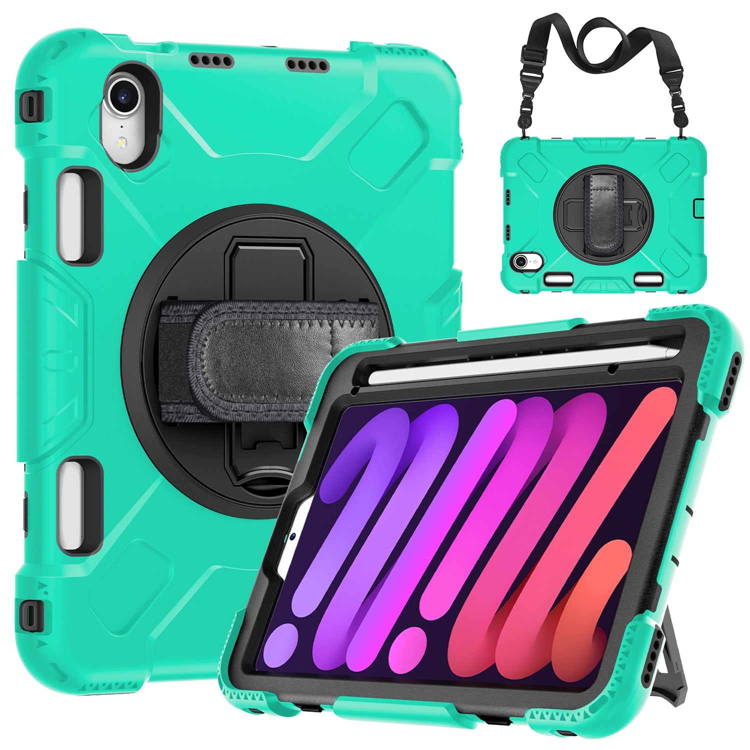 For iPad mini (2021) PC+Silicone Tablet Case Protective Kickstand Cover with Pen Slot / Shoulder Strap