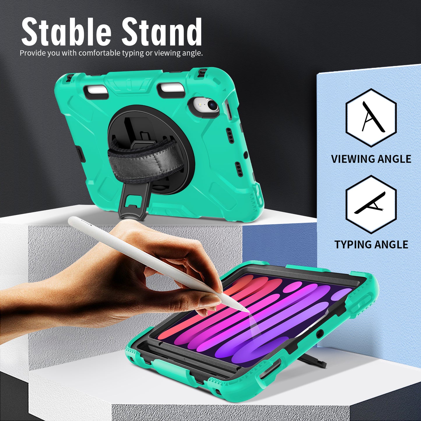 For iPad mini (2021) PC+Silicone Tablet Case Protective Kickstand Cover with Pen Slot / Shoulder Strap