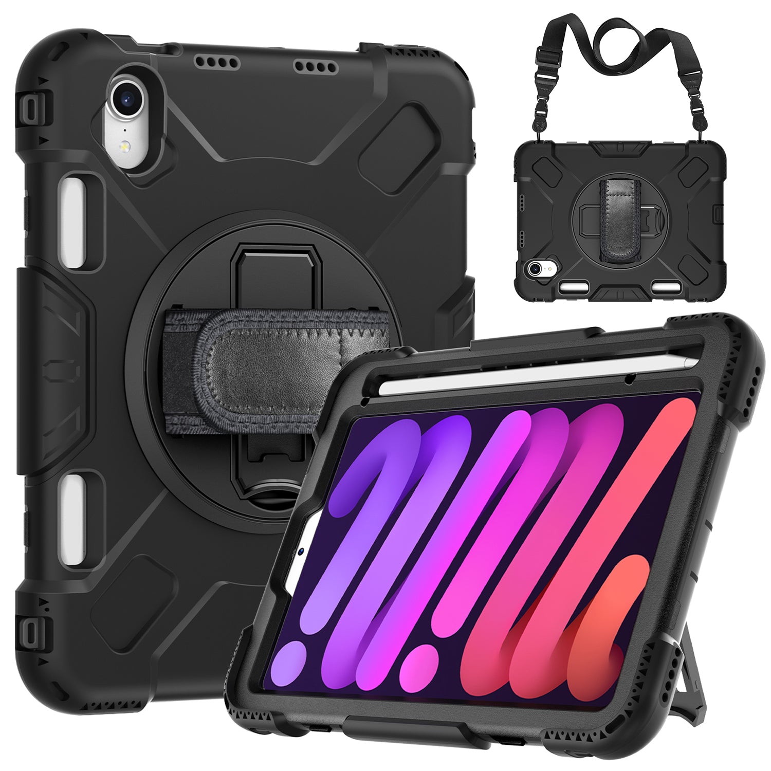 For iPad mini (2021) PC+Silicone Tablet Case Protective Kickstand Cover with Pen Slot / Shoulder Strap
