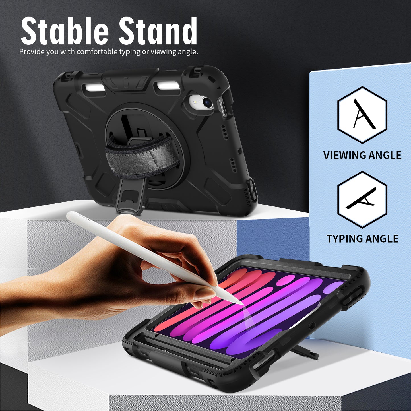 For iPad mini (2021) PC+Silicone Tablet Case Protective Kickstand Cover with Pen Slot / Shoulder Strap