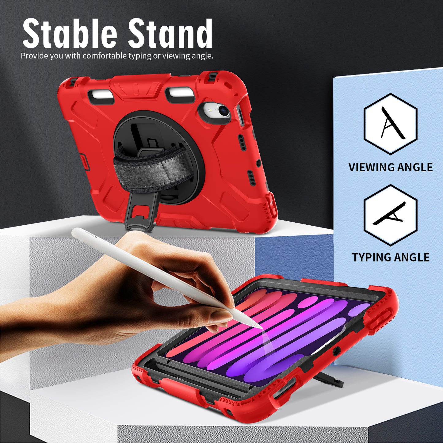 For iPad mini (2021) PC+Silicone Tablet Case Protective Kickstand Cover with Pen Slot / Shoulder Strap