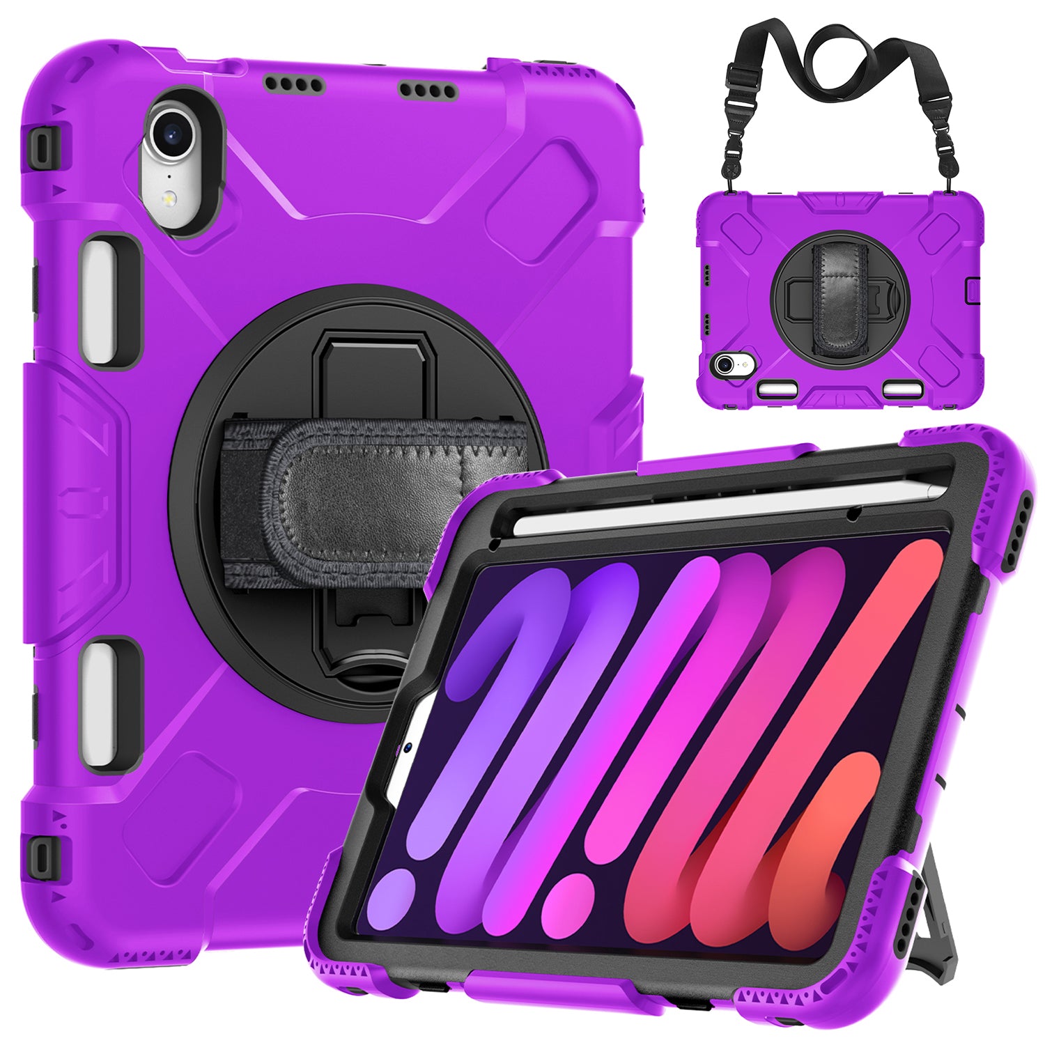 For iPad mini (2021) PC+Silicone Tablet Case Protective Kickstand Cover with Pen Slot / Shoulder Strap