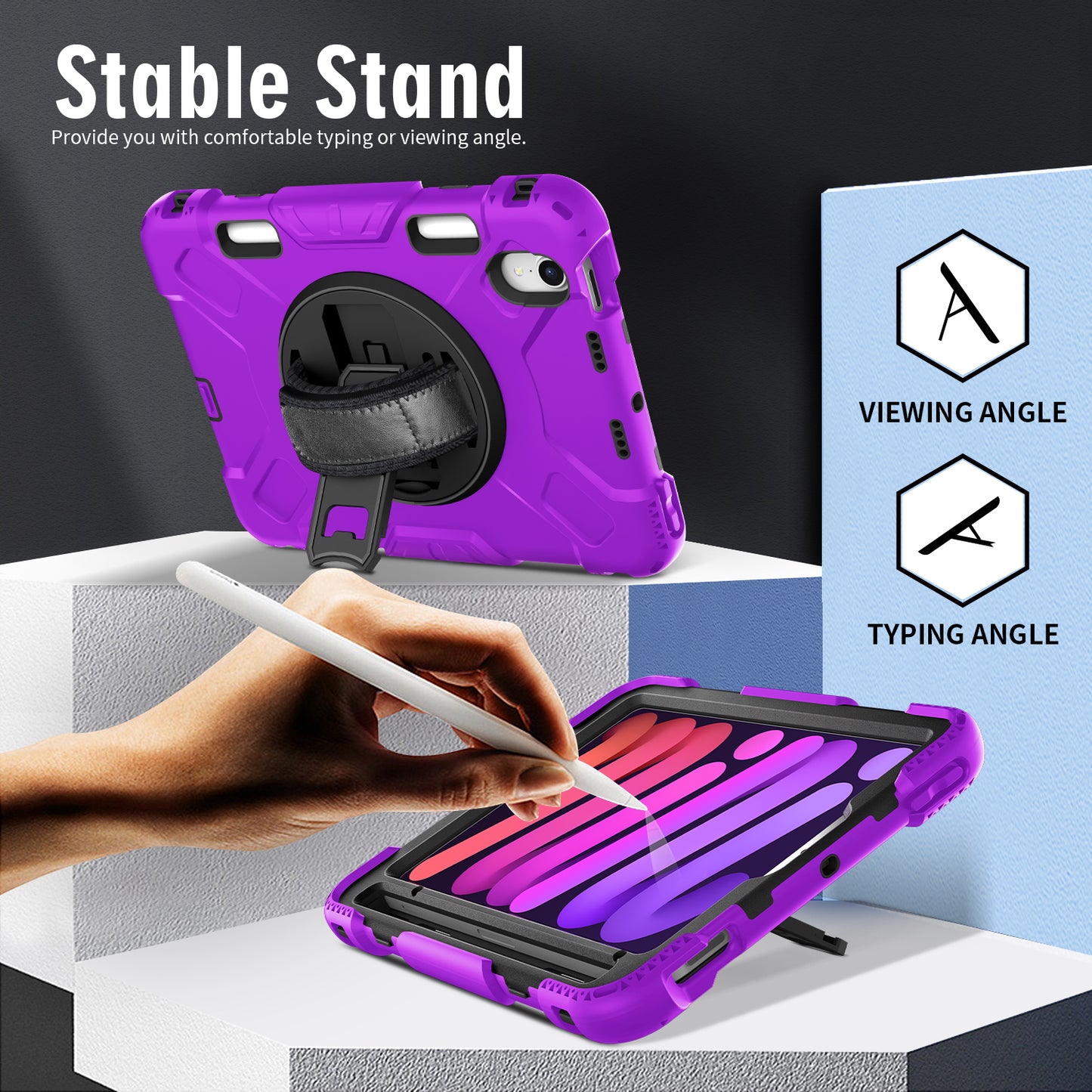 For iPad mini (2021) PC+Silicone Tablet Case Protective Kickstand Cover with Pen Slot / Shoulder Strap