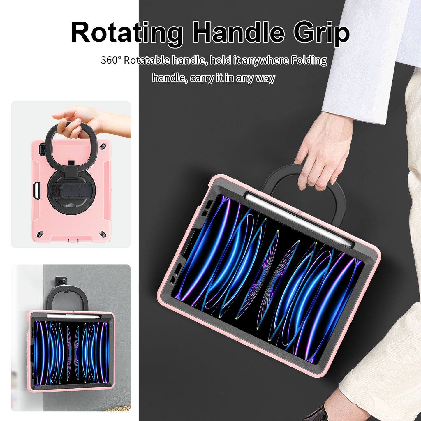 Tablet Case for iPad Air (2020) / (2022) / iPad Pro 11 (2018) / (2020) / (2021) / (2022) , PC+TPU Hand Strap Kickstand Cover with PET Screen Protector / Pen Slot