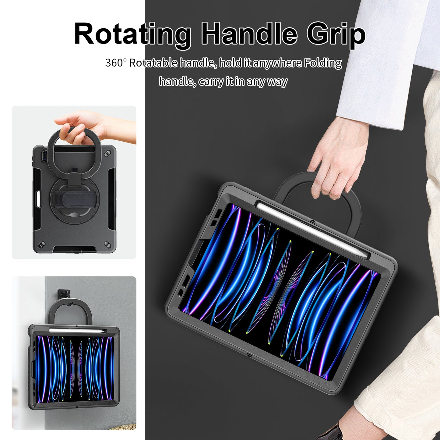Tablet Case for iPad Air (2020) / (2022) / iPad Pro 11 (2018) / (2020) / (2021) / (2022) , PC+TPU Hand Strap Kickstand Cover with PET Screen Protector / Pen Slot