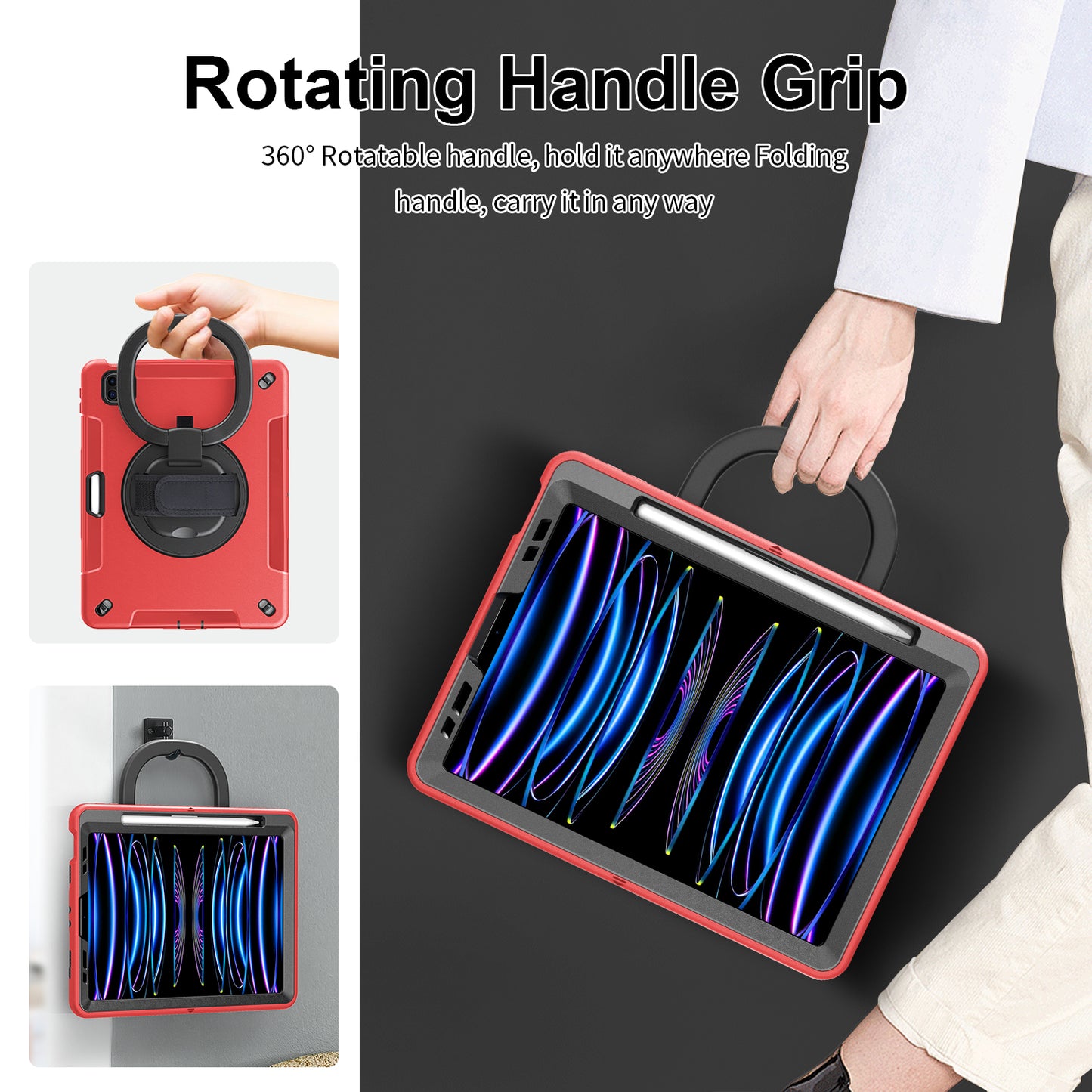 Tablet Case for iPad Air (2020) / (2022) / iPad Pro 11 (2018) / (2020) / (2021) / (2022) , PC+TPU Hand Strap Kickstand Cover with PET Screen Protector / Pen Slot
