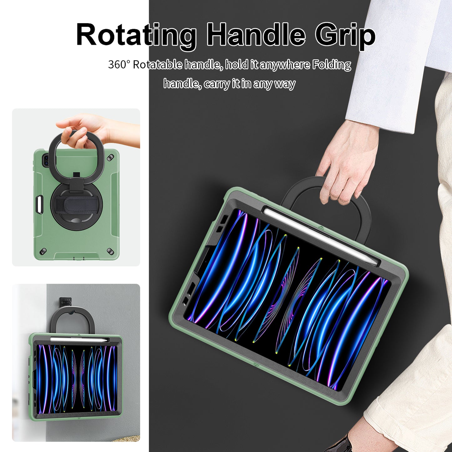 Tablet Case for iPad Air (2020) / (2022) / iPad Pro 11 (2018) / (2020) / (2021) / (2022) , PC+TPU Hand Strap Kickstand Cover with PET Screen Protector / Pen Slot