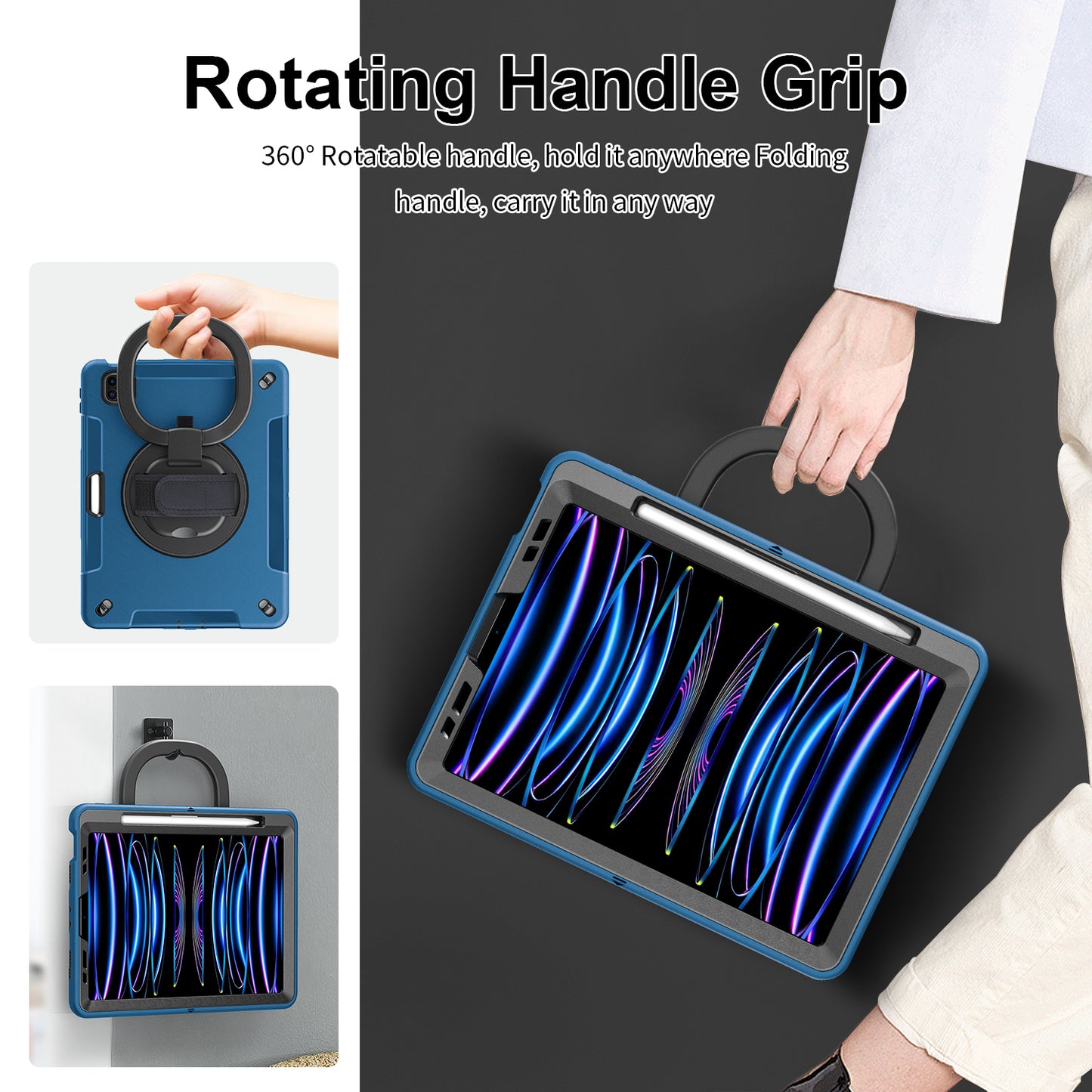 Tablet Case for iPad Air (2020) / (2022) / iPad Pro 11 (2018) / (2020) / (2021) / (2022) , PC+TPU Hand Strap Kickstand Cover with PET Screen Protector / Pen Slot