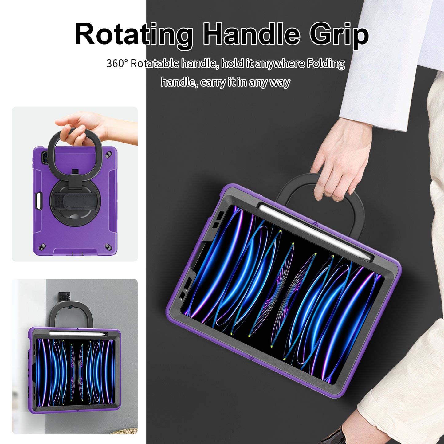 Tablet Case for iPad Air (2020) / (2022) / iPad Pro 11 (2018) / (2020) / (2021) / (2022) , PC+TPU Hand Strap Kickstand Cover with PET Screen Protector / Pen Slot