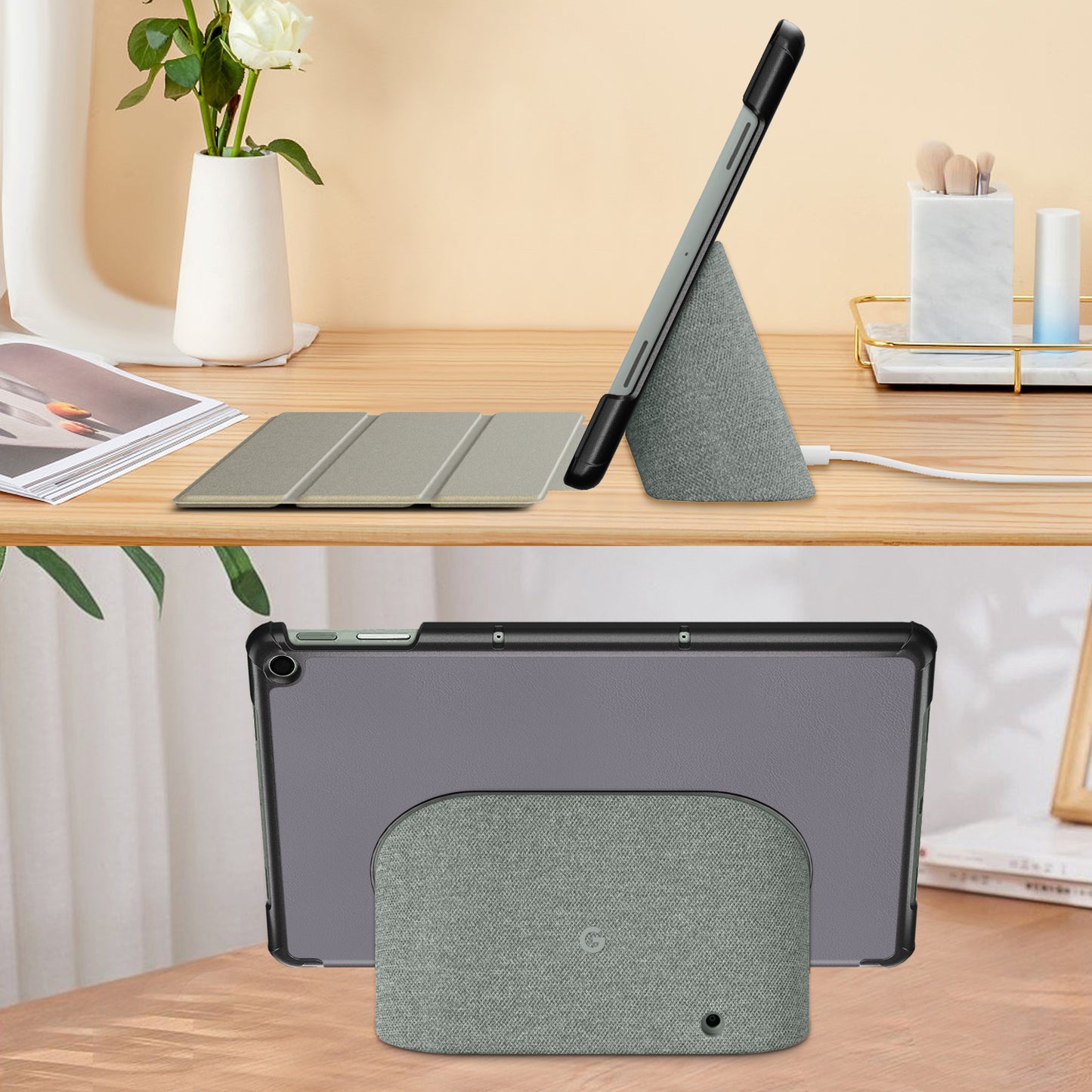 Pure Color Protective Case for Google Pixel Tablet PU Leather Anti-drop Tablet Cover with Case Tri-fold Stand