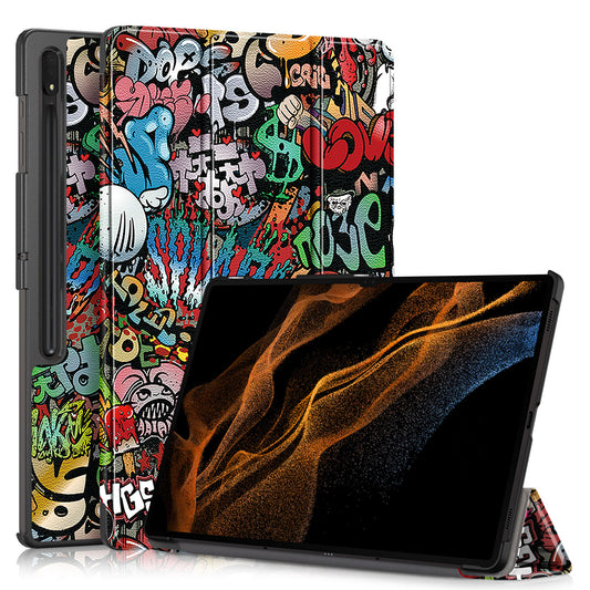 Tablet Leather Case for Samsung Galaxy Tab S9 Ultra SM-X910 M-X916B SM-X918 , Tri-fold Stand Pattern Printed Cover