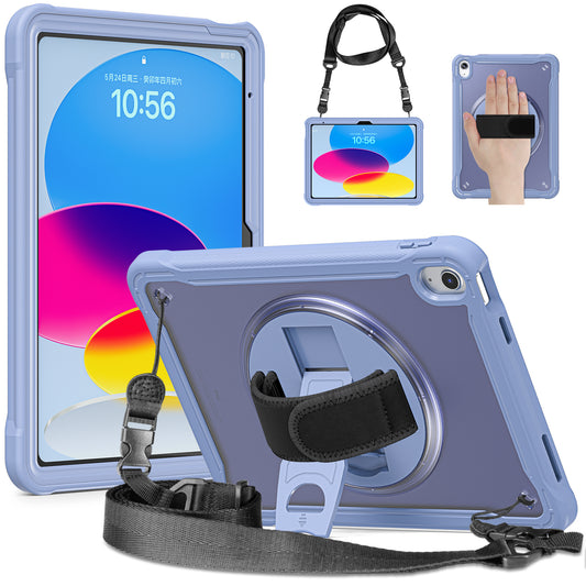 For iPad 10.9 (2022) 360-Degree Swivel Kickstand PC+TPU Cover Hand Strap Design Tablet Case with Shoulder Strap