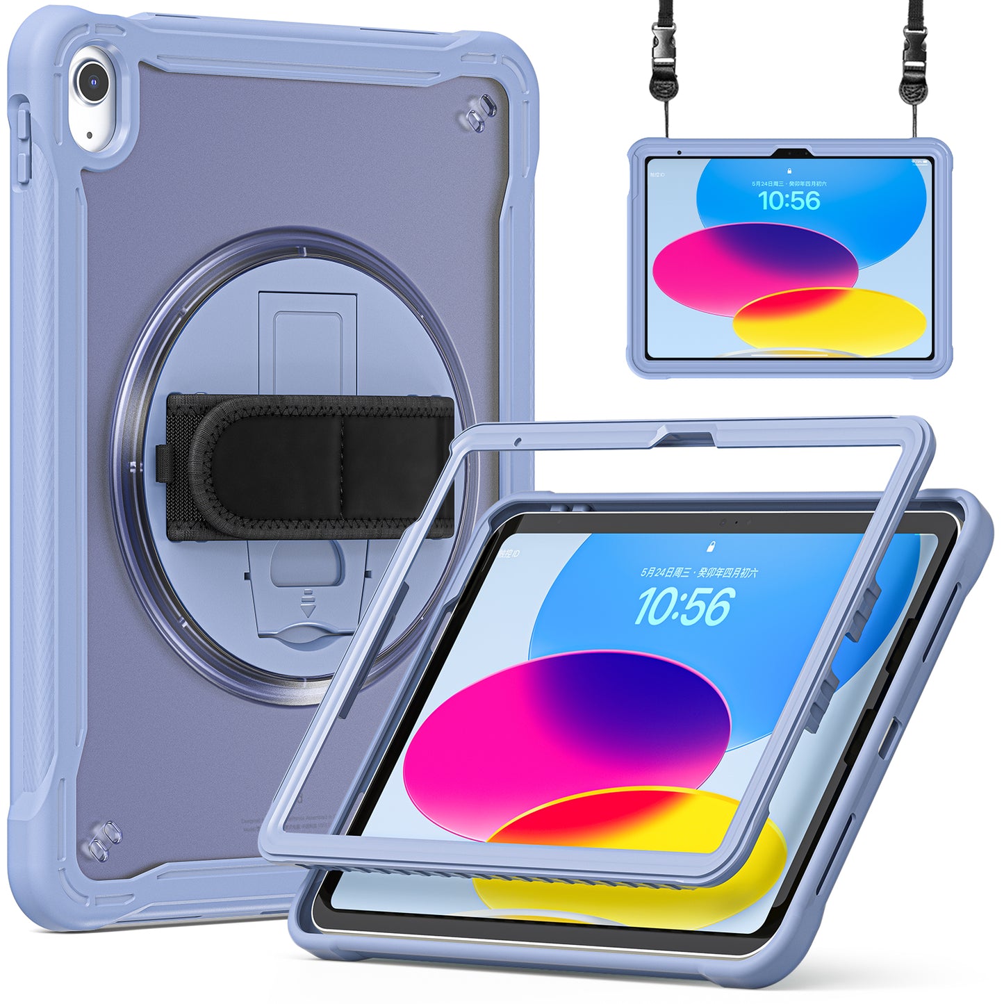 For iPad 10.9 (2022) 360-Degree Swivel Kickstand PC+TPU Cover Hand Strap Design Tablet Case with Shoulder Strap