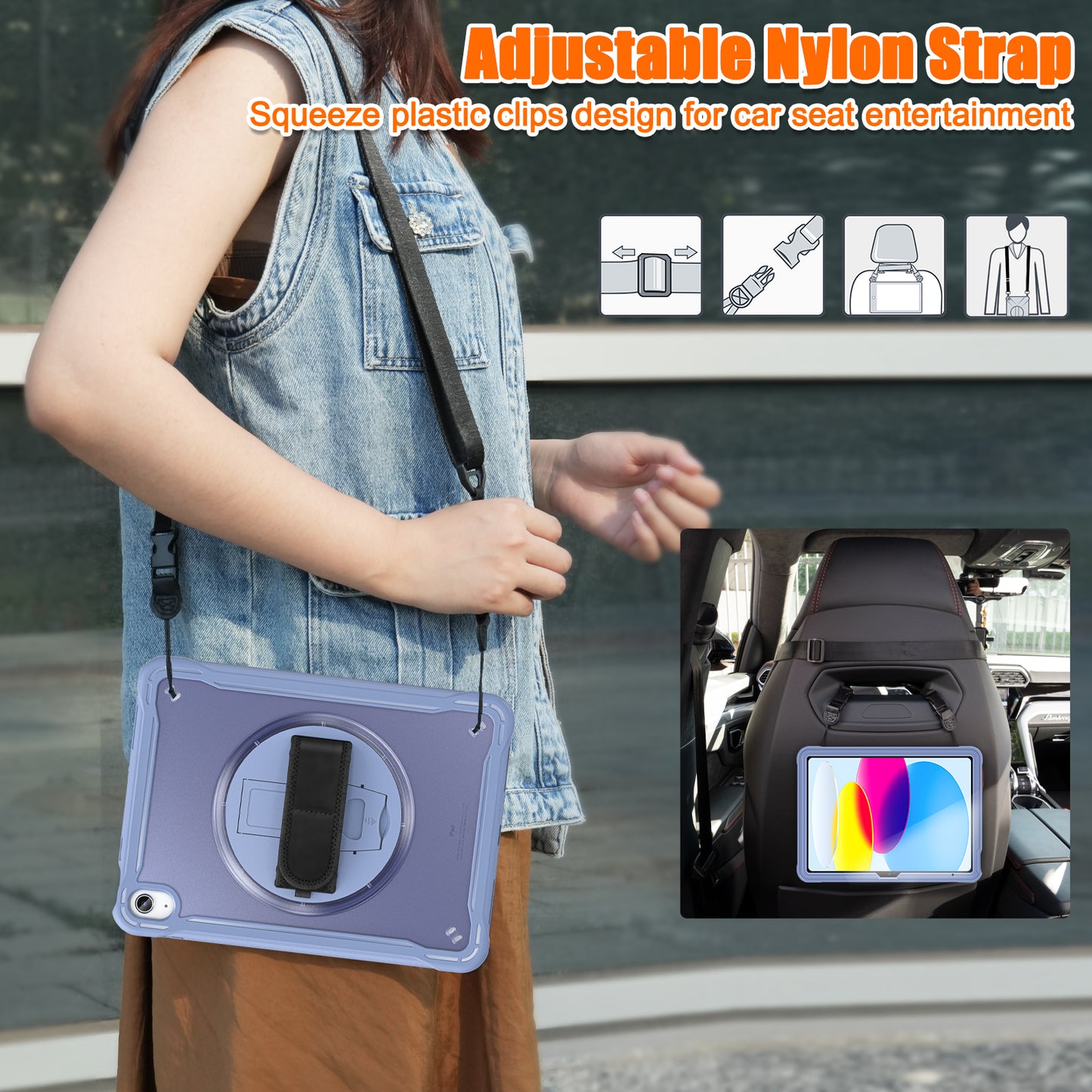 For iPad 10.9 (2022) 360-Degree Swivel Kickstand PC+TPU Cover Hand Strap Design Tablet Case with Shoulder Strap