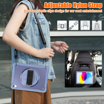 For iPad 10.9 (2022) 360-Degree Swivel Kickstand PC+TPU Cover Hand Strap Design Tablet Case with Shoulder Strap