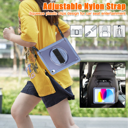 For iPad 10.9 (2022) 360-Degree Swivel Kickstand PC+TPU Cover Hand Strap Design Tablet Case with Shoulder Strap