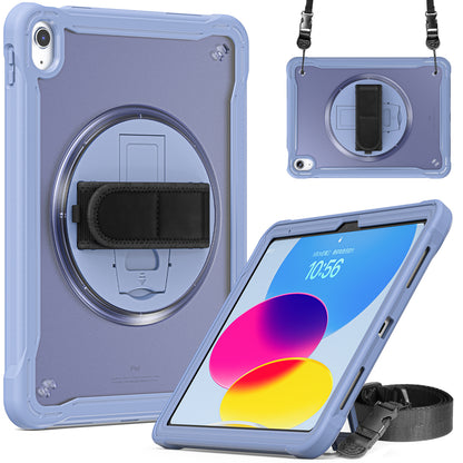 For iPad 10.9 (2022) 360-Degree Swivel Kickstand PC+TPU Cover Hand Strap Design Tablet Case with Shoulder Strap