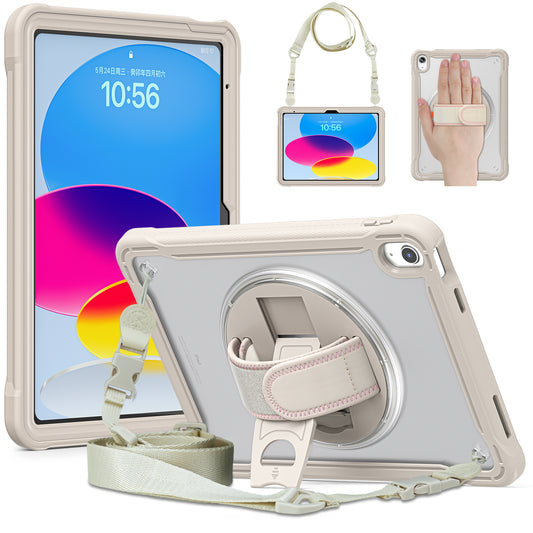 For iPad 10.9 (2022) 360-Degree Swivel Kickstand PC+TPU Cover Hand Strap Design Tablet Case with Shoulder Strap