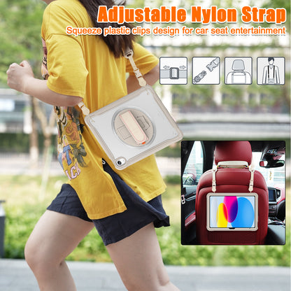 For iPad 10.9 (2022) 360-Degree Swivel Kickstand PC+TPU Cover Hand Strap Design Tablet Case with Shoulder Strap