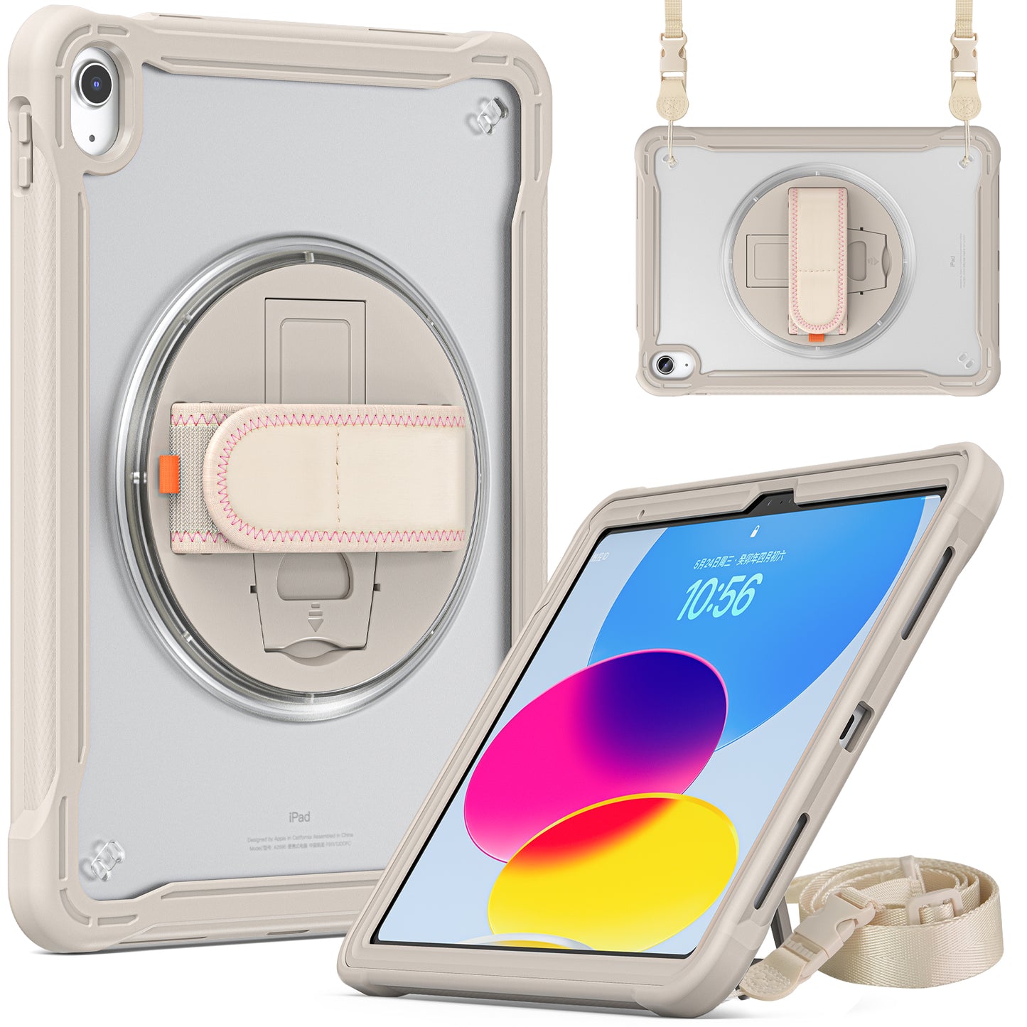 For iPad 10.9 (2022) 360-Degree Swivel Kickstand PC+TPU Cover Hand Strap Design Tablet Case with Shoulder Strap