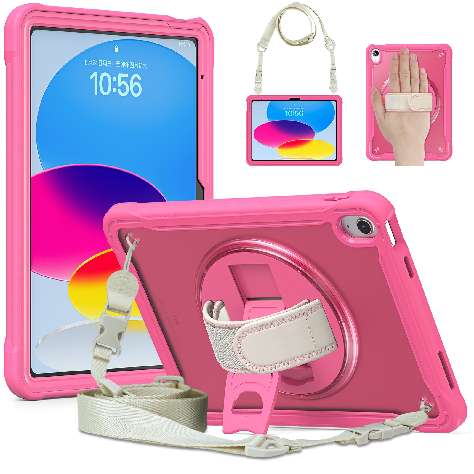 For iPad 10.9 (2022) 360-Degree Swivel Kickstand PC+TPU Cover Hand Strap Design Tablet Case with Shoulder Strap