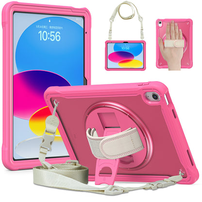 For iPad 10.9 (2022) 360-Degree Swivel Kickstand PC+TPU Cover Hand Strap Design Tablet Case with Shoulder Strap
