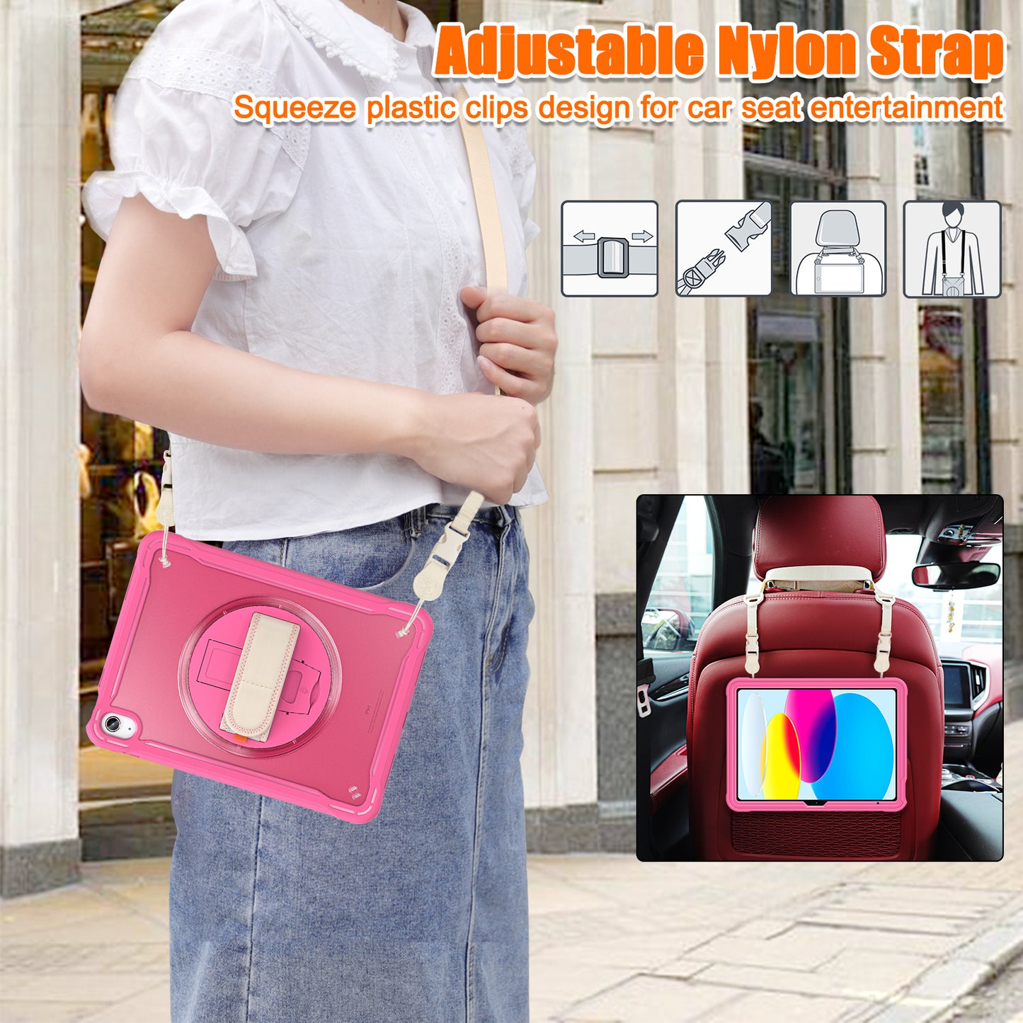 For iPad 10.9 (2022) 360-Degree Swivel Kickstand PC+TPU Cover Hand Strap Design Tablet Case with Shoulder Strap