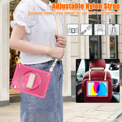 For iPad 10.9 (2022) 360-Degree Swivel Kickstand PC+TPU Cover Hand Strap Design Tablet Case with Shoulder Strap