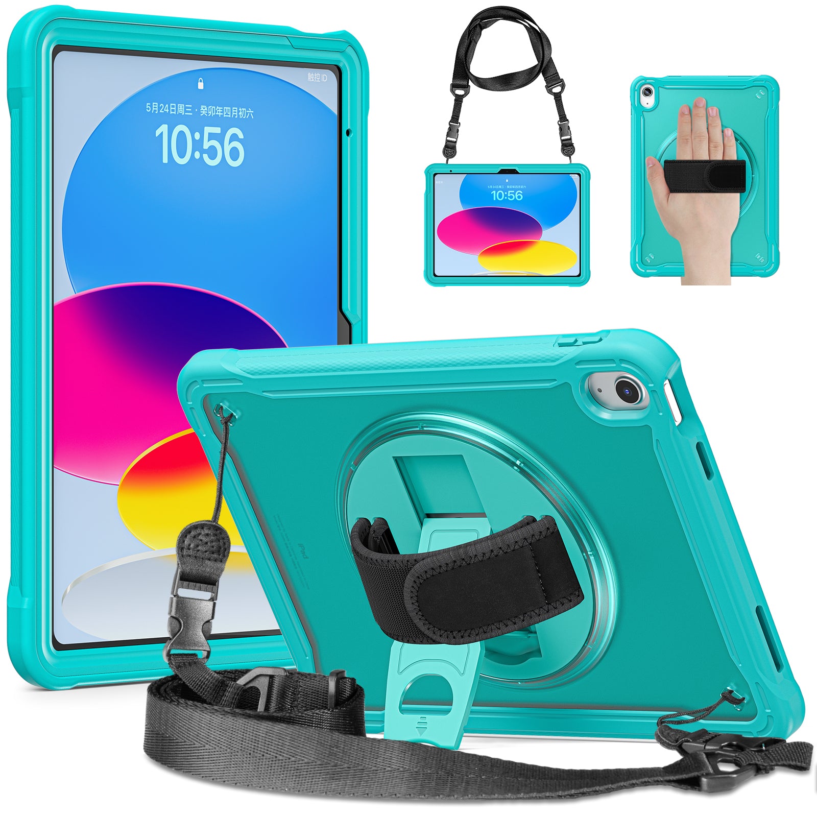 For iPad 10.9 (2022) 360-Degree Swivel Kickstand PC+TPU Cover Hand Strap Design Tablet Case with Shoulder Strap