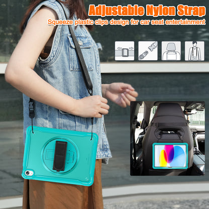 For iPad 10.9 (2022) 360-Degree Swivel Kickstand PC+TPU Cover Hand Strap Design Tablet Case with Shoulder Strap