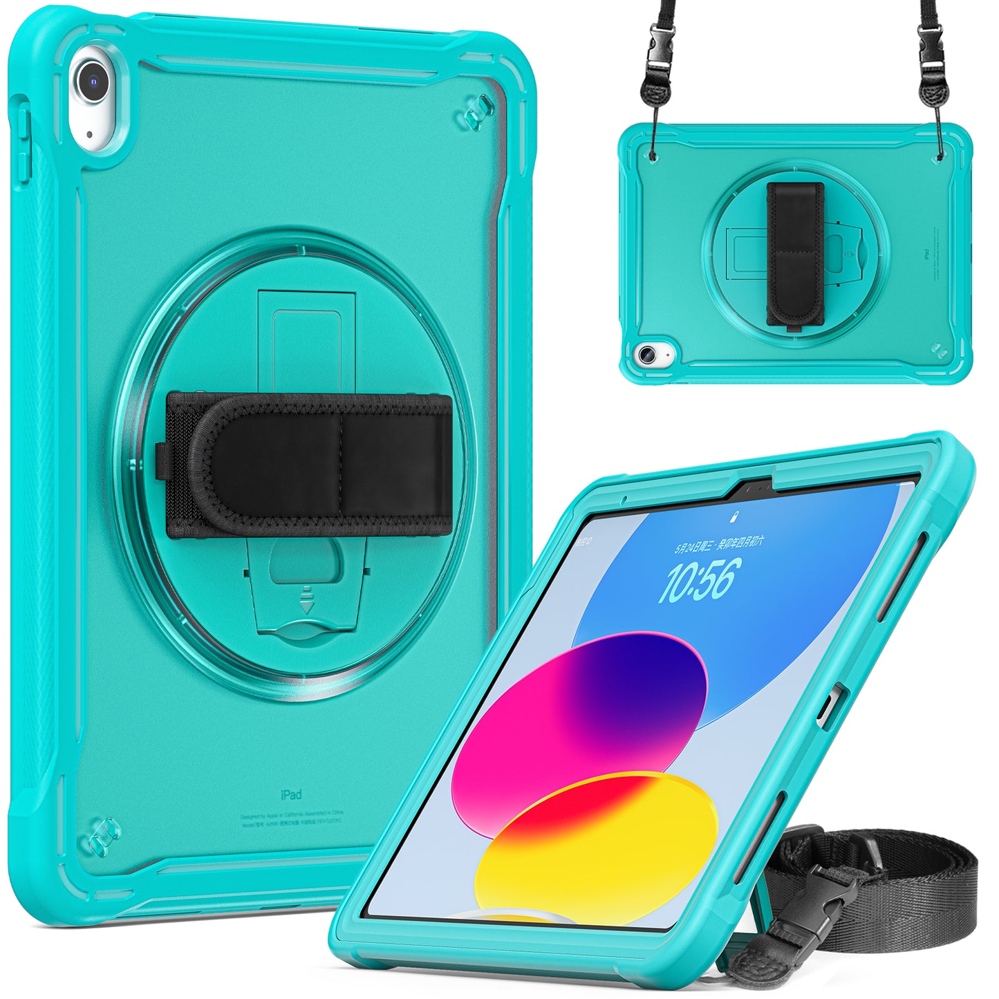 For iPad 10.9 (2022) 360-Degree Swivel Kickstand PC+TPU Cover Hand Strap Design Tablet Case with Shoulder Strap