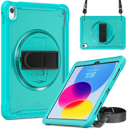 For iPad 10.9 (2022) 360-Degree Swivel Kickstand PC+TPU Cover Hand Strap Design Tablet Case with Shoulder Strap