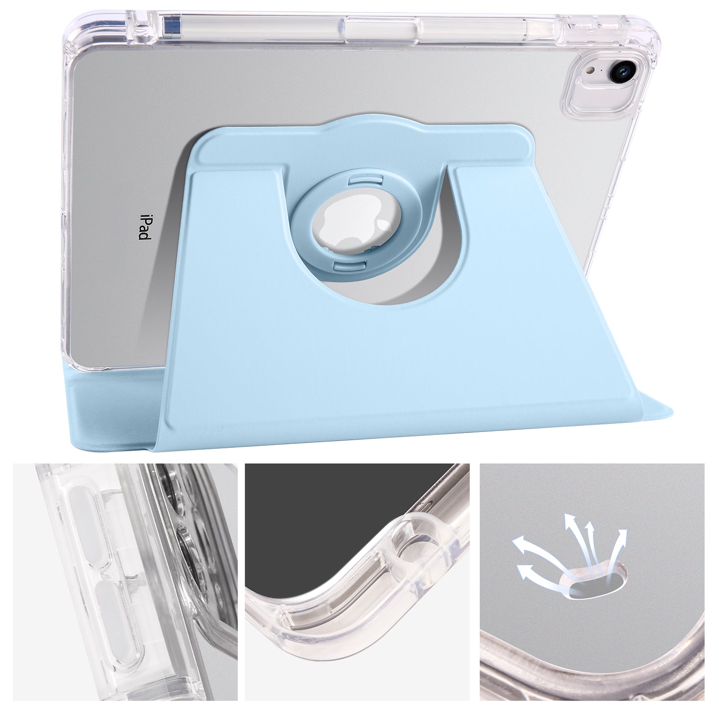 For iPad Pro 11 (2021) / (2020) / (2022) / iPad Air (2020) / (2022) Rotating Stand Tablet Cover PU Leather TPU Crystal Clear Back Case