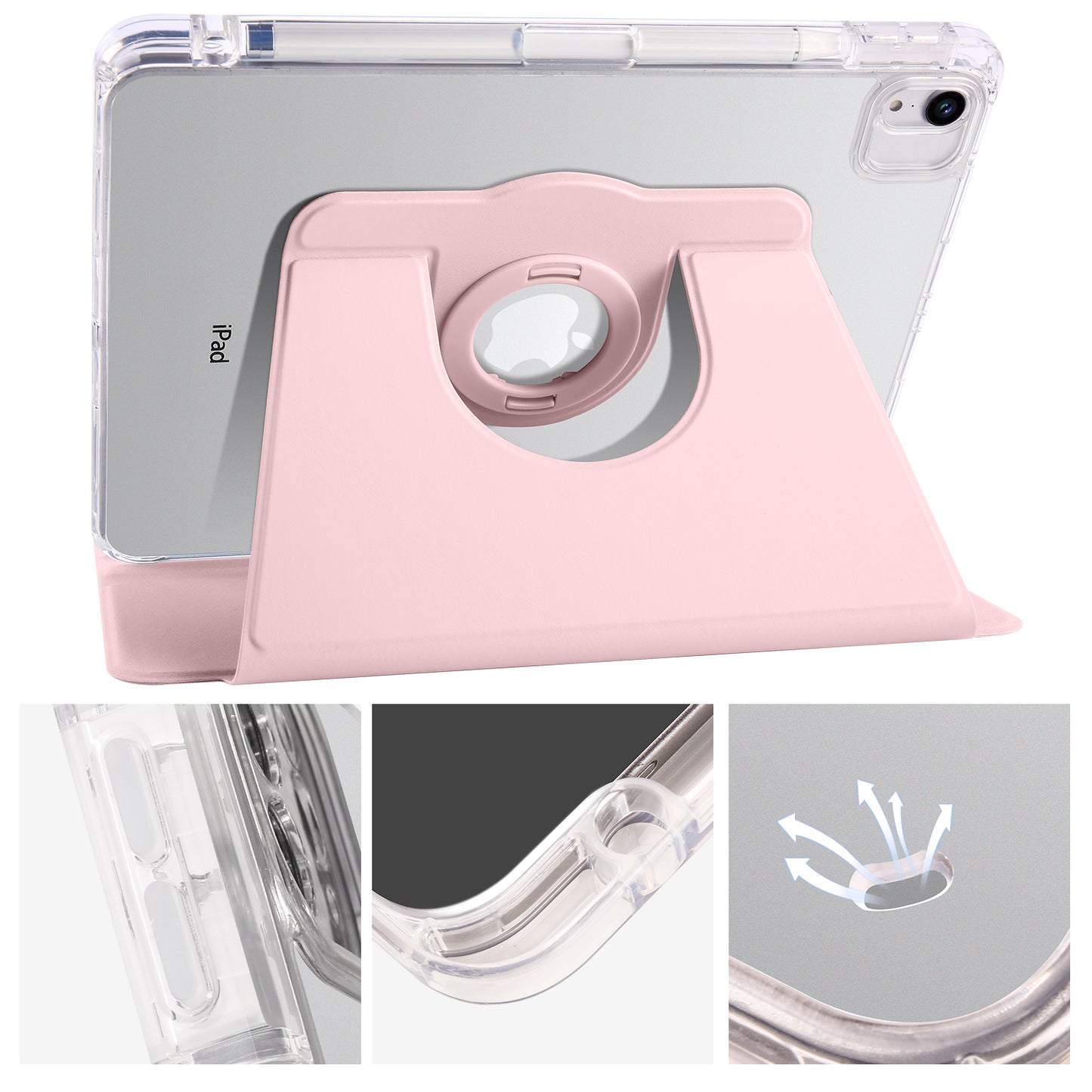 For iPad Pro 11 (2021) / (2020) / (2022) / iPad Air (2020) / (2022) Rotating Stand Tablet Cover PU Leather TPU Crystal Clear Back Case