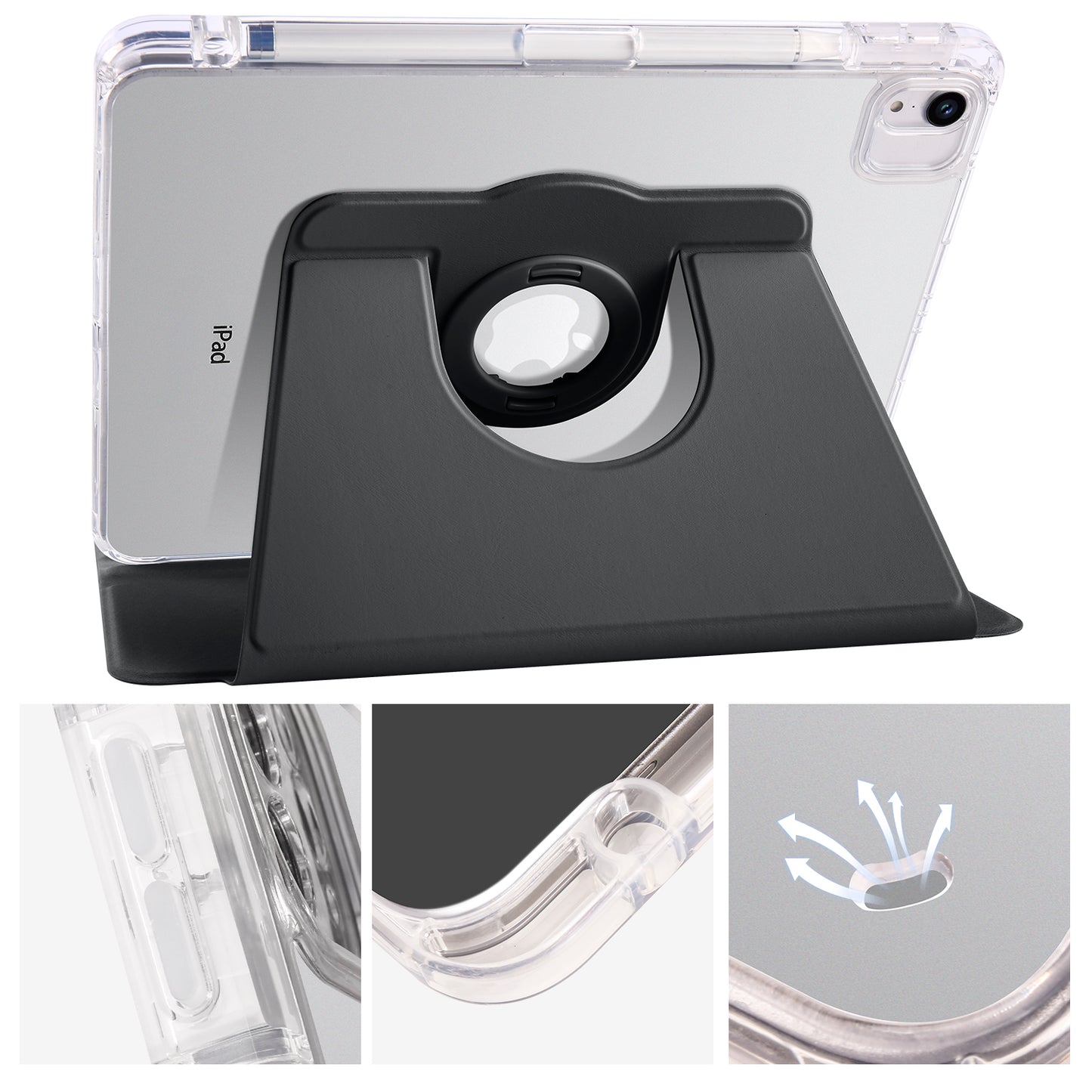 For iPad Pro 11 (2021) / (2020) / (2022) / iPad Air (2020) / (2022) Rotating Stand Tablet Cover PU Leather TPU Crystal Clear Back Case
