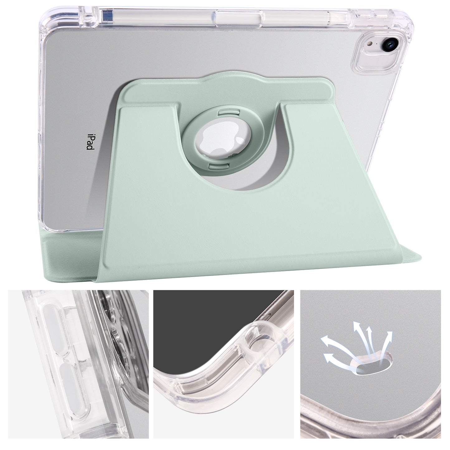 For iPad Pro 11 (2021) / (2020) / (2022) / iPad Air (2020) / (2022) Rotating Stand Tablet Cover PU Leather TPU Crystal Clear Back Case