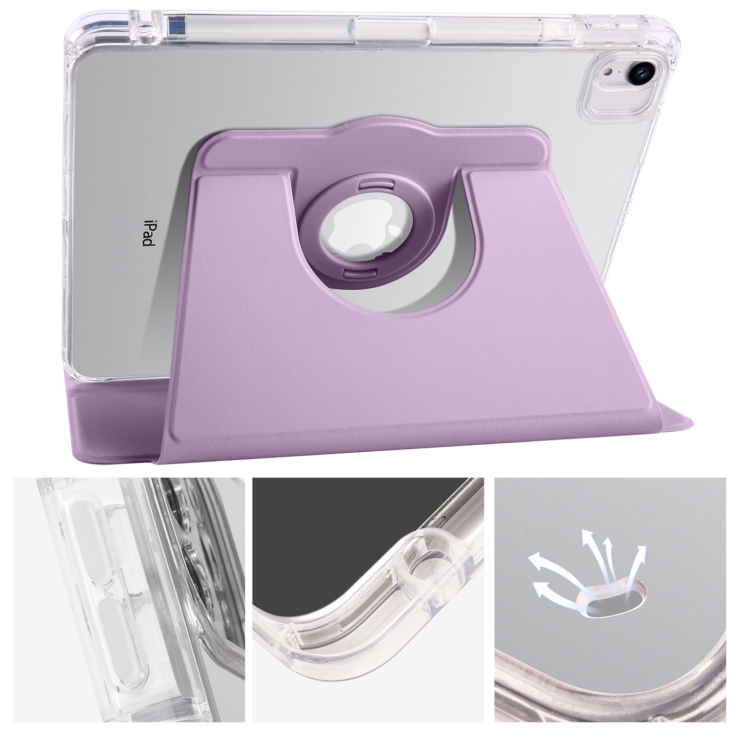 For iPad Pro 11 (2021) / (2020) / (2022) / iPad Air (2020) / (2022) Rotating Stand Tablet Cover PU Leather TPU Crystal Clear Back Case