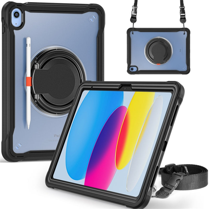 For iPad 10.9 (2022) 360-Degree Rotating Kickstand PC+TPU Cover Shockproof Portable Tablet Case with Shoulder Strap
