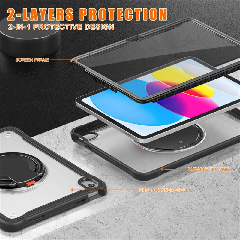 For iPad 10.9 (2022) 360-Degree Rotating Kickstand PC+TPU Cover Shockproof Portable Tablet Case with Shoulder Strap