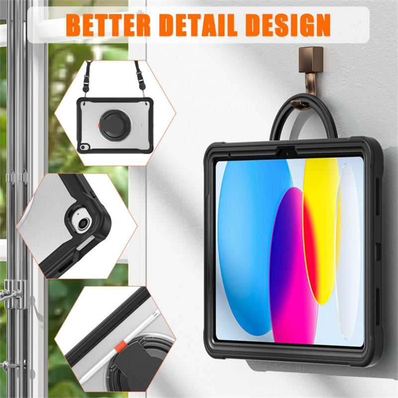 For iPad 10.9 (2022) 360-Degree Rotating Kickstand PC+TPU Cover Shockproof Portable Tablet Case with Shoulder Strap