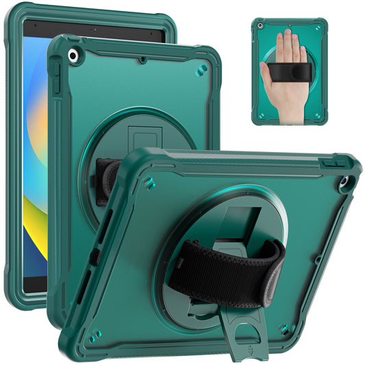 For iPad 10.2 (2021) / (2019) / (2020) PC+TPU Tablet Case Anti-Drop Rotating Kickstand Cover with Handle Strap