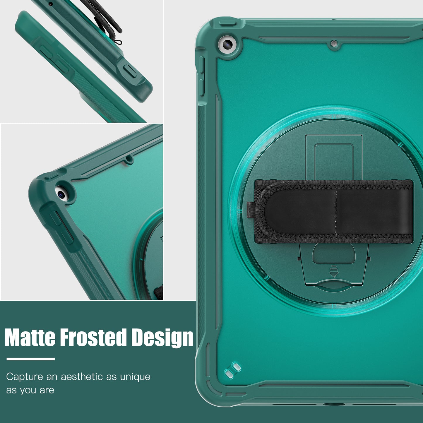 For iPad 10.2 (2021) / (2019) / (2020) PC+TPU Tablet Case Anti-Drop Rotating Kickstand Cover with Handle Strap
