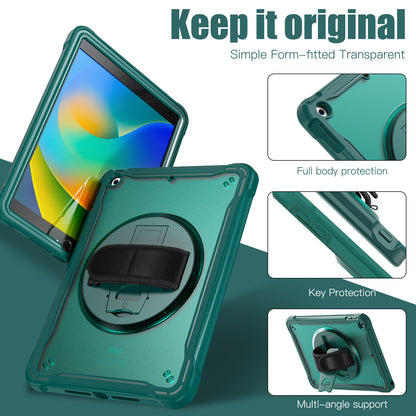 For iPad 10.2 (2021) / (2019) / (2020) PC+TPU Tablet Case Anti-Drop Rotating Kickstand Cover with Handle Strap