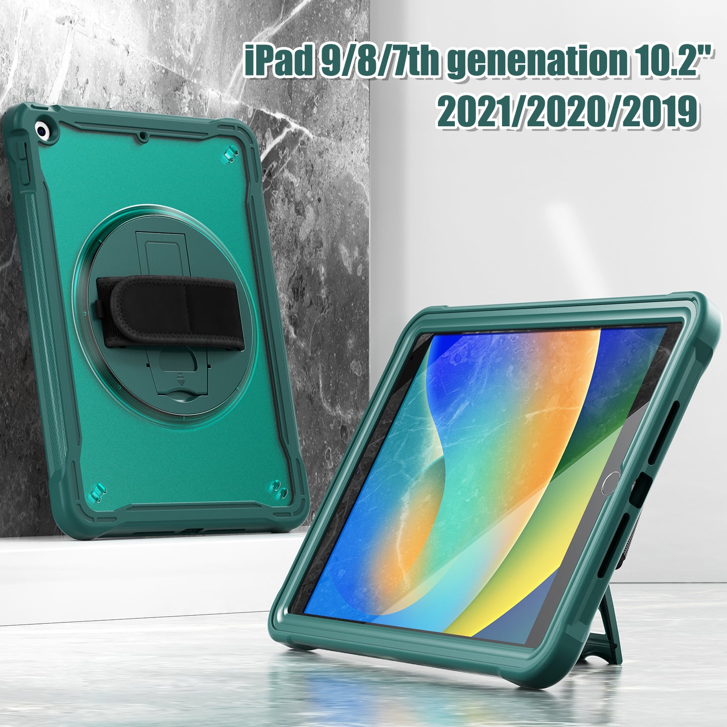 For iPad 10.2 (2021) / (2019) / (2020) PC+TPU Tablet Case Anti-Drop Rotating Kickstand Cover with Handle Strap