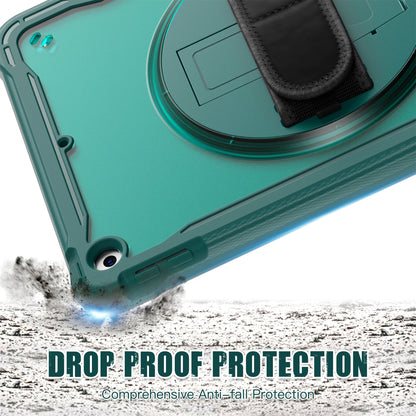 For iPad 10.2 (2021) / (2019) / (2020) PC+TPU Tablet Case Anti-Drop Rotating Kickstand Cover with Handle Strap