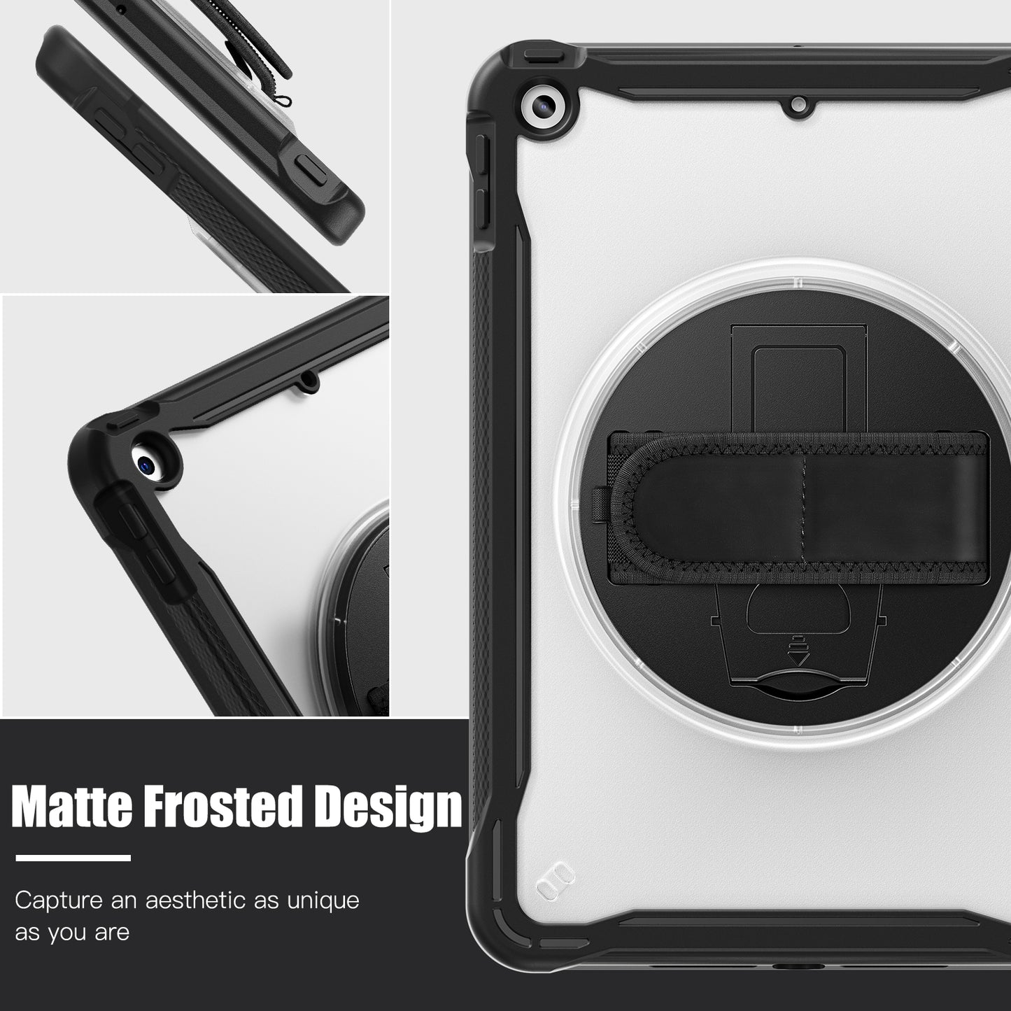 For iPad 10.2 (2021) / (2019) / (2020) PC+TPU Tablet Case Anti-Drop Rotating Kickstand Cover with Handle Strap